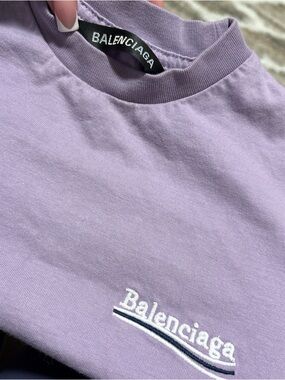 Balenciaga Lilac Embroidered Logo Tee with Navy Accent
